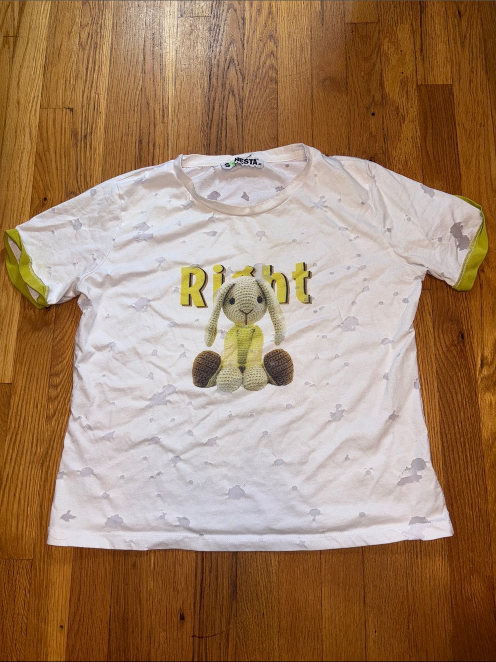 Mom’s Distressed White T-Shirt with Yellow Bunny Graphic - Right